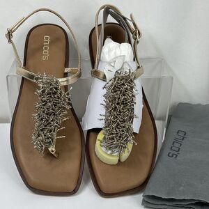Chico’s Sandals Issa Beaded Thong Sz 11 Metallic Gold T Strap Fringe Flat Summer